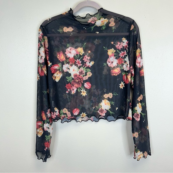 Floral Mesh Long Sleeve L XL Crop Top Black Whimsigoth Fairy Romantic 90s Y2K - Picture 6 of 8